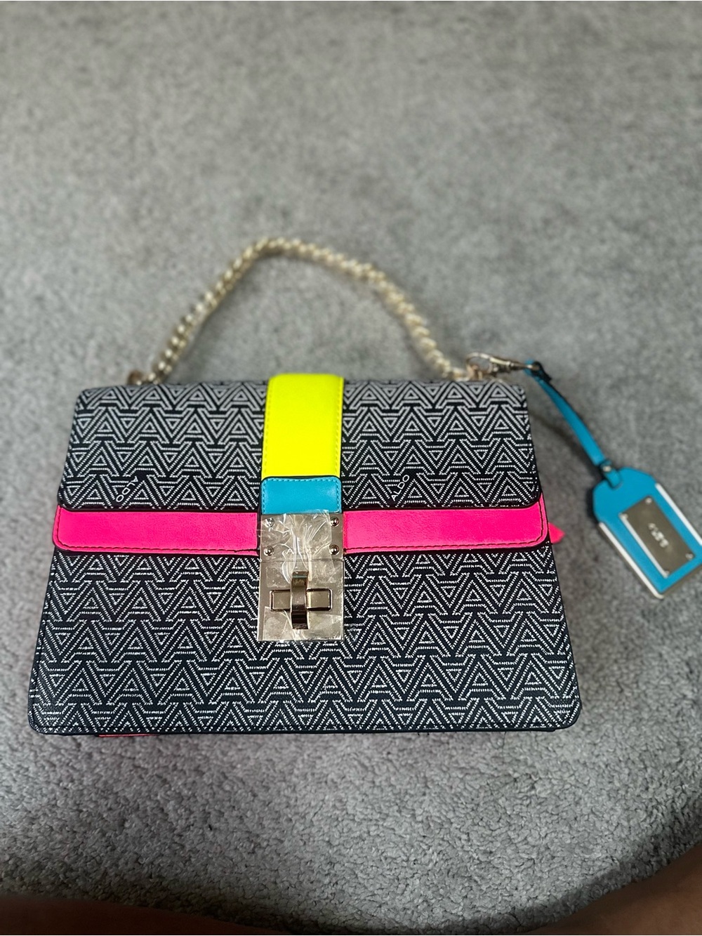 Aldo Black Geometric Crossbody with Neon Yellow, Hot Pink & Turquoise Accents